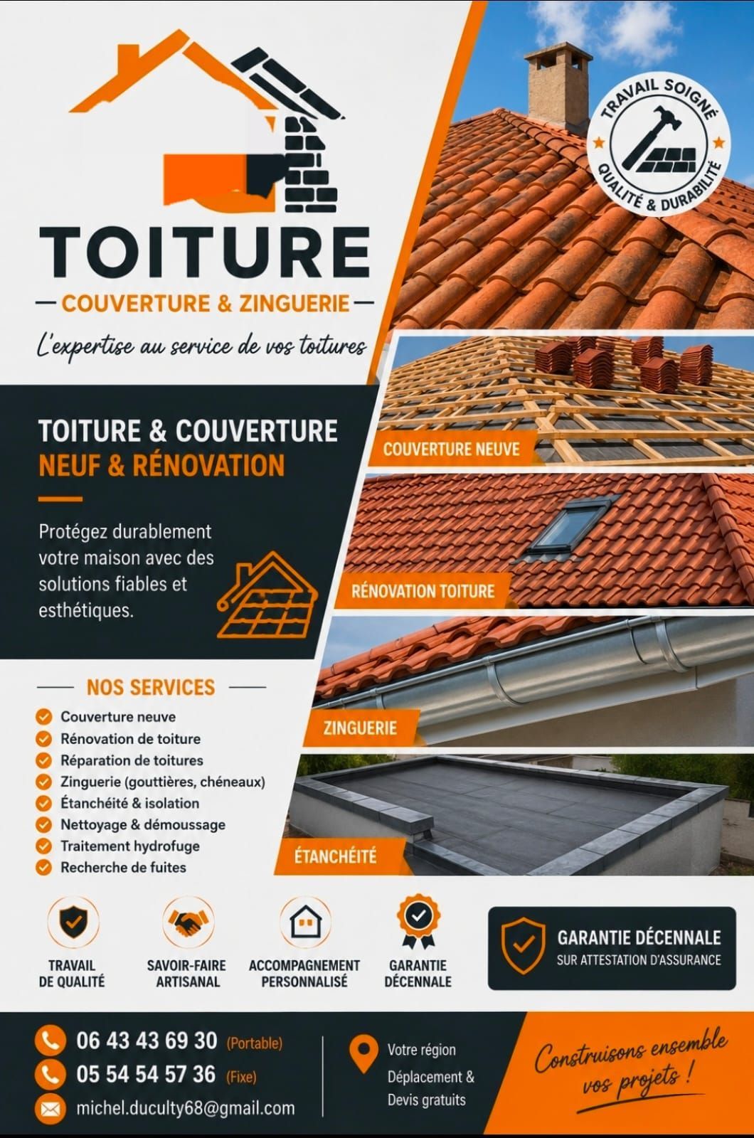 Dépliant pour l'entreprise de construction TOITURE, avec logo orange, photos de toitures, services et coordonnées.