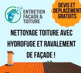 Publicité française pour entretien de façade et toiture, avec devis et déplacement gratuits, toit orange