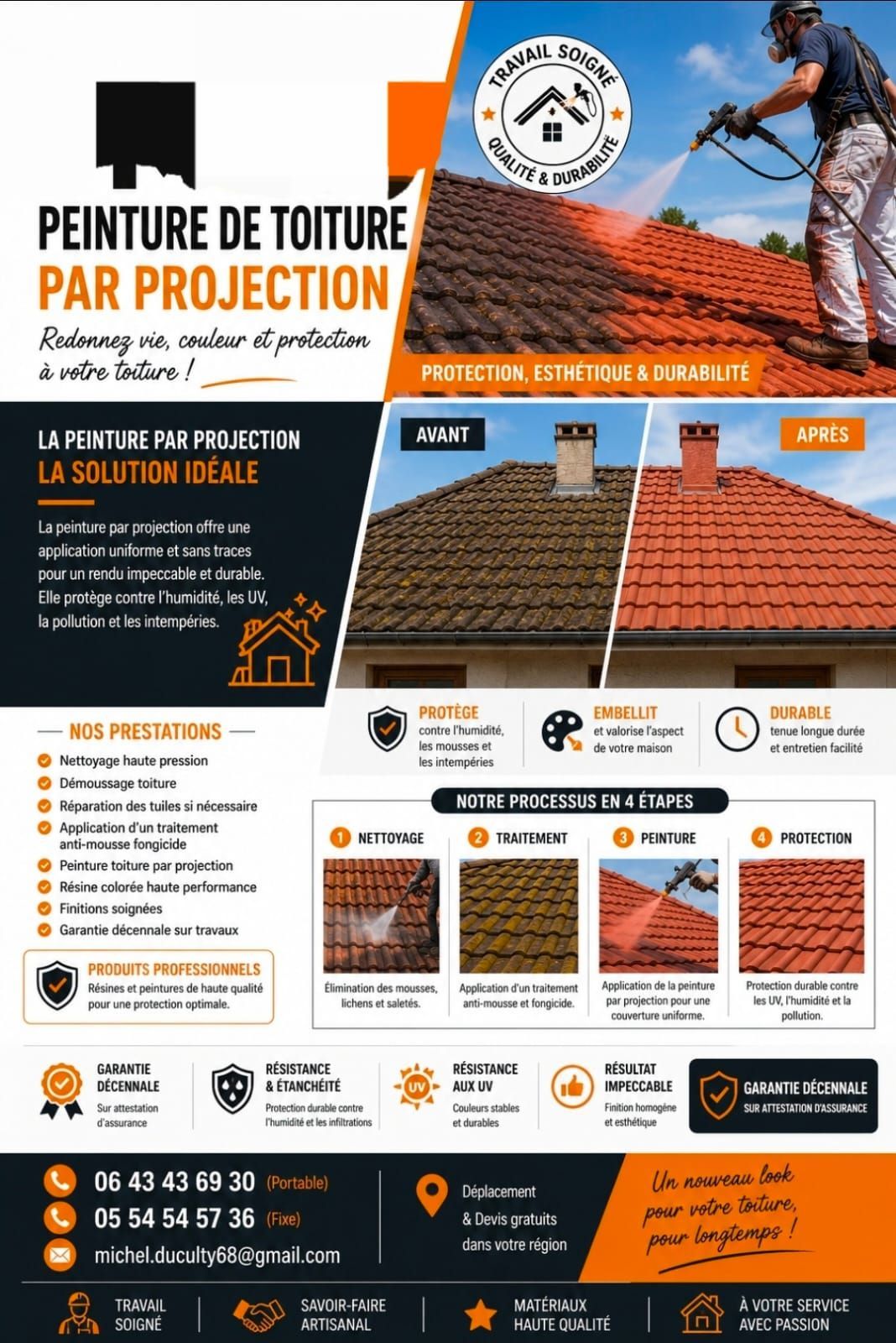 Publicité orange et blanche pour peinture de toiture par projection, avec toit avant/après et ouvrier sur le toit