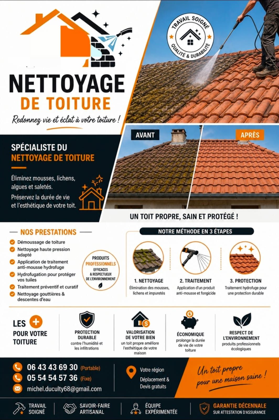 Dépliant pour services de nettoyage de toitures en tuiles : logo, services, avantages et coordonnées sur fond orange et noir.