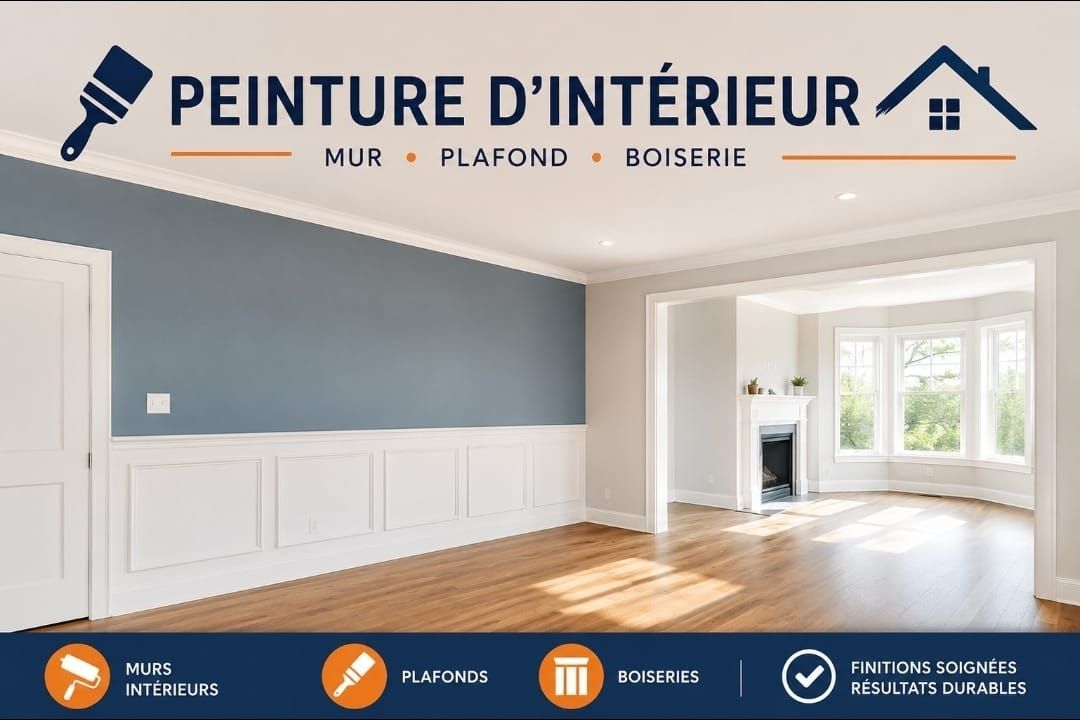 Logo de peinture d’intérieur sur fond de salon bleu et blanc, avec murs, plafond et boiseries.