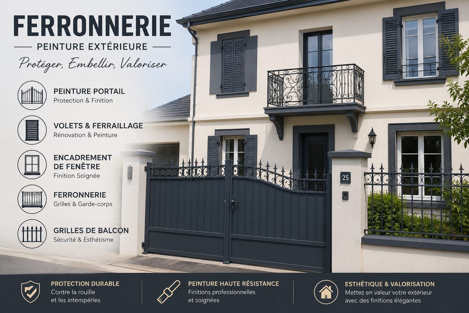 Extérieur de la Ferronnerie : portail noir moderne, volets et balcon sur une maison couleur crème, avec icônes de service et logo.