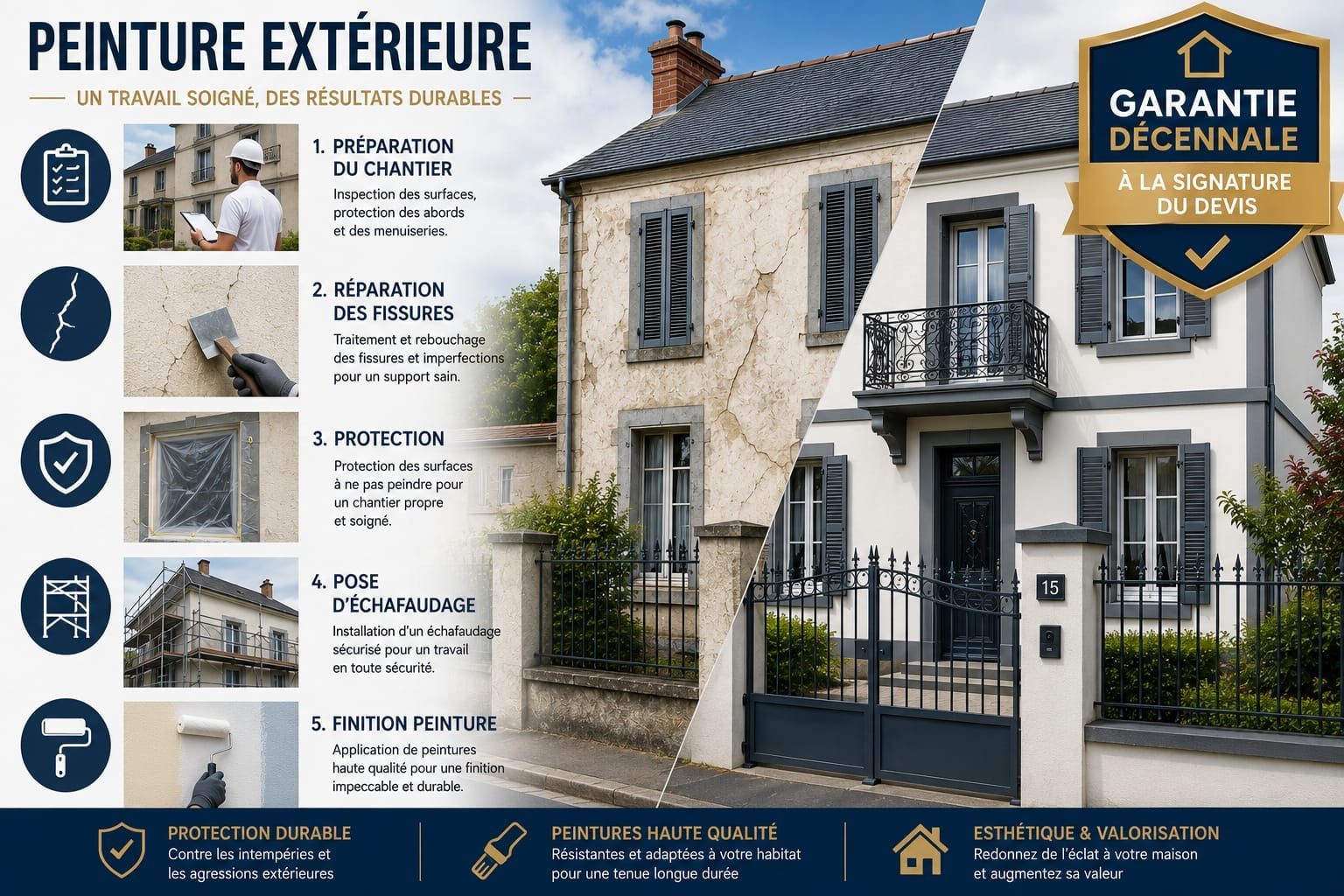 Publicité française pour la peinture extérieure d'une maison en pierre, avec photos avant/après et un badge de garantie décennale
