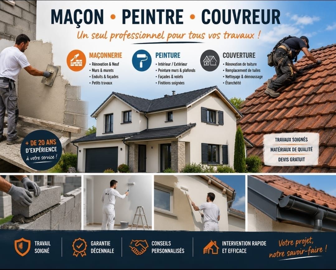 Bannière publicitaire pour des services de maçonnerie, de peinture et de toiture avec des icônes de maison, d'ouvriers et de services