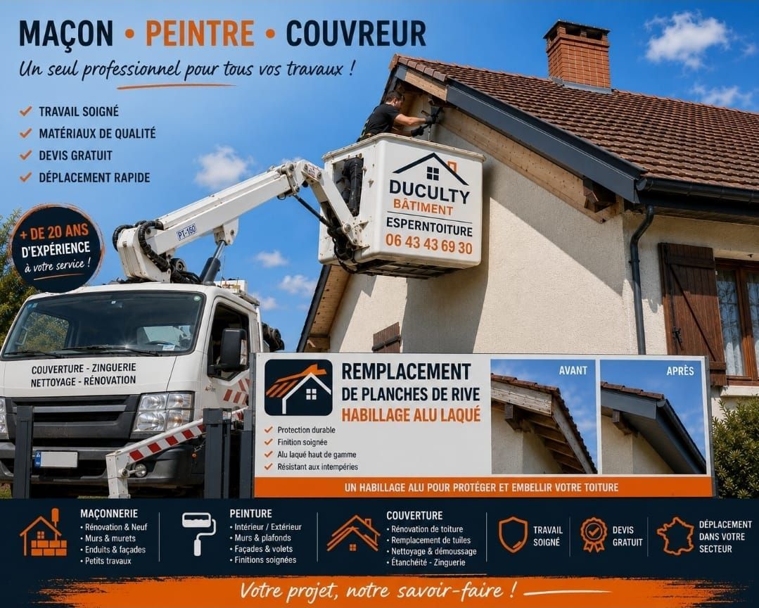 Publicité d'une entreprise de peinture avec un camion blanc, des travaux de toiture et le texte « Maçon Peintre Couvreur » sur fond bleu.