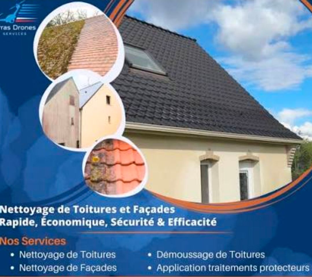 Publicité pour le nettoyage de toitures et de façades à la française, avec photo de maison, ciel bleu et icônes de service sur une bannière bleue.