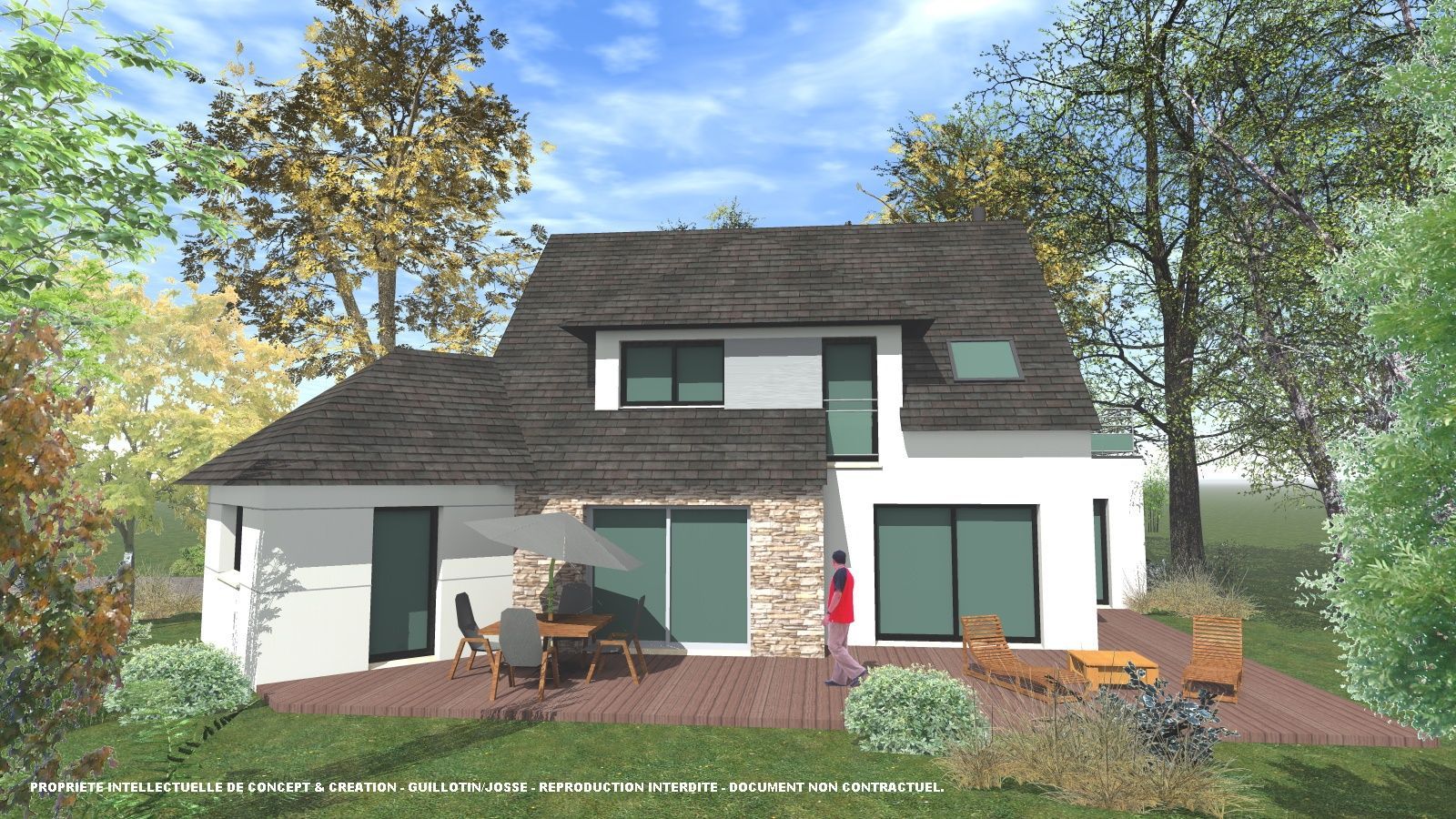 Maison en pierre avec terrasse vue de face