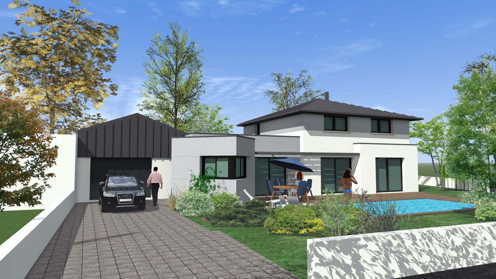Maison moderne avec garage et piscine vus de face