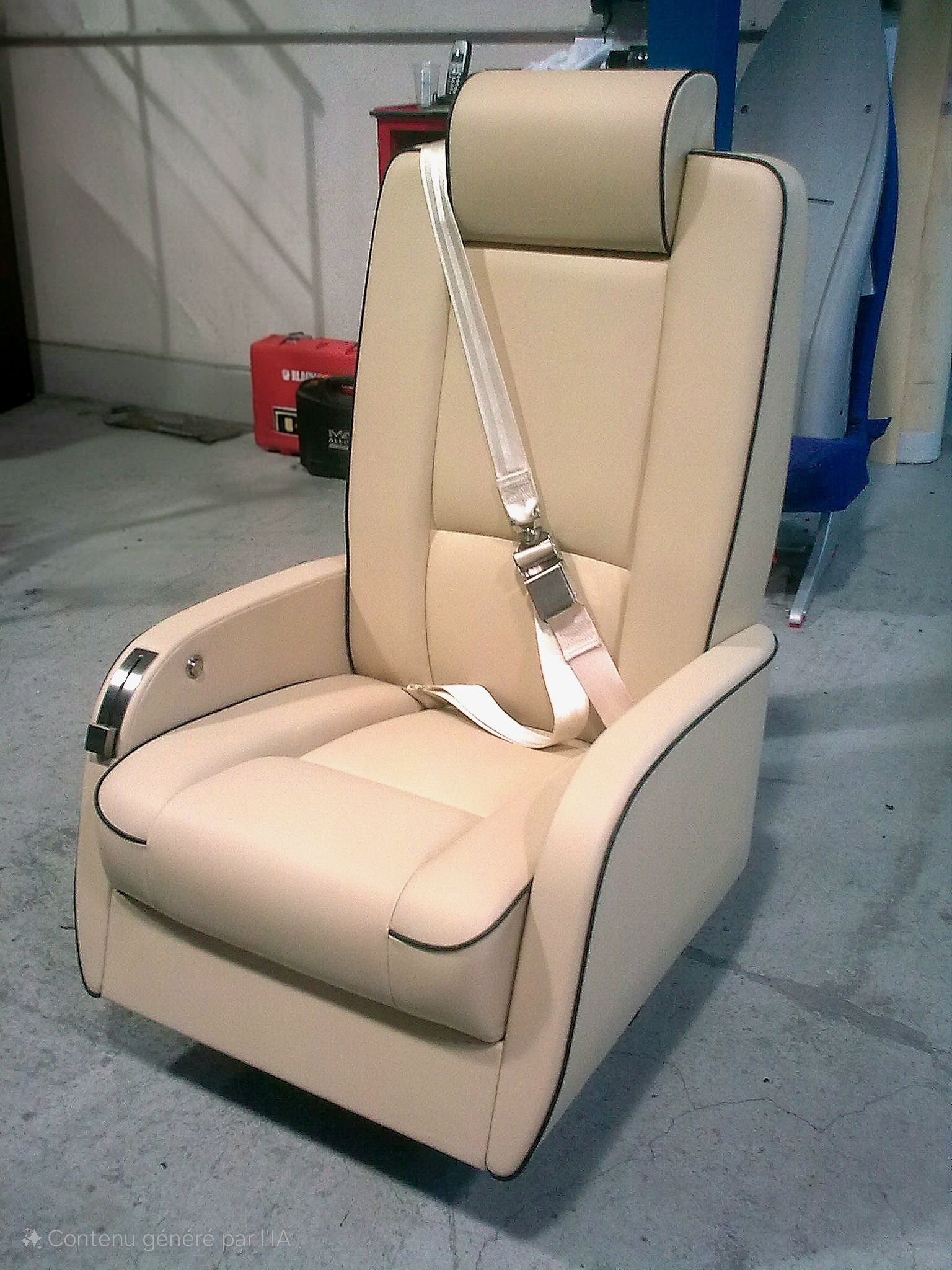 Siège auto en cuir beige avec ceinture de sécurité dans un garage ou un atelier