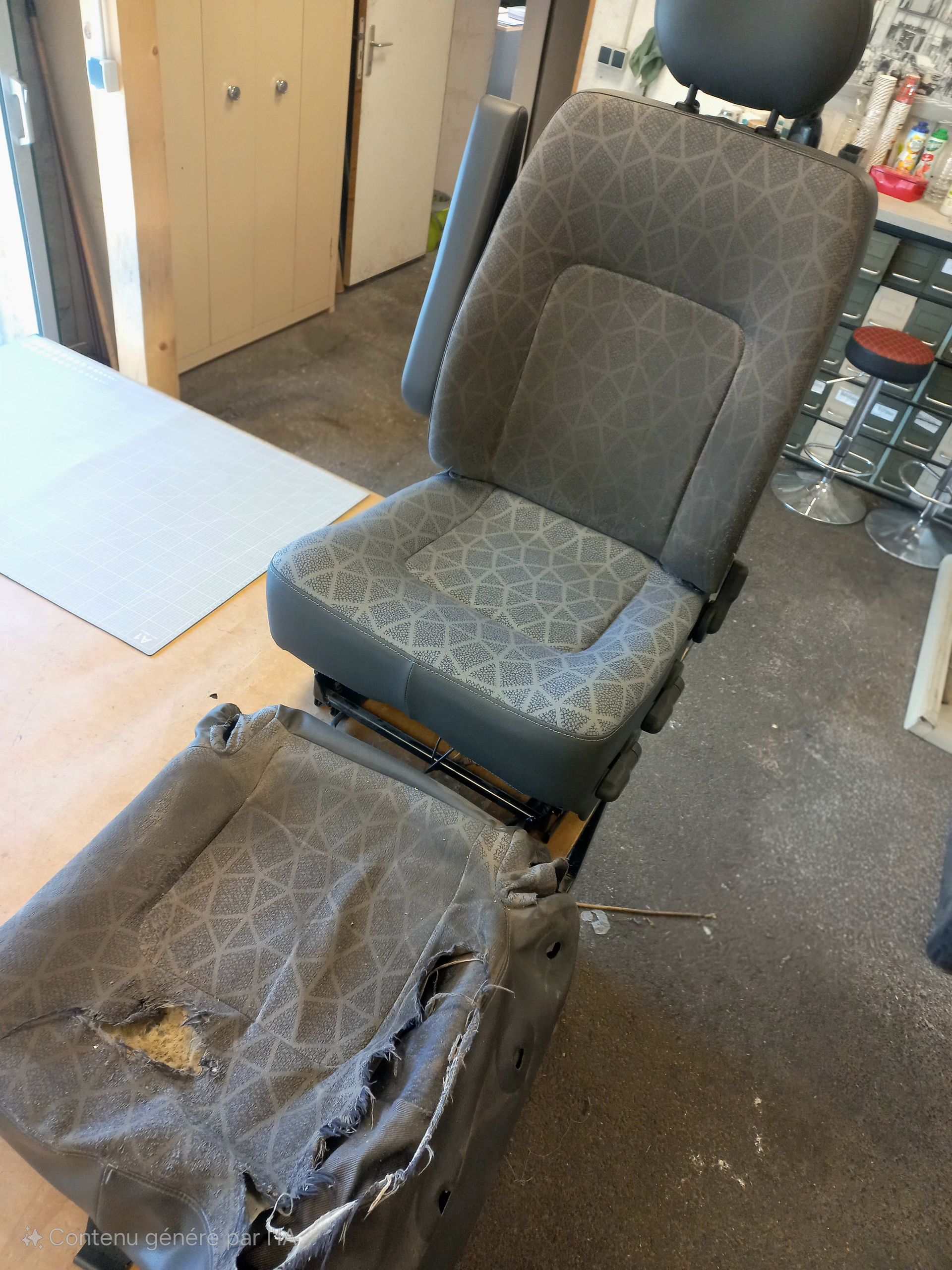 Chaise de bureau grise abîmée, assise déchirée, dans une pièce avec des armoires et de la moquette.