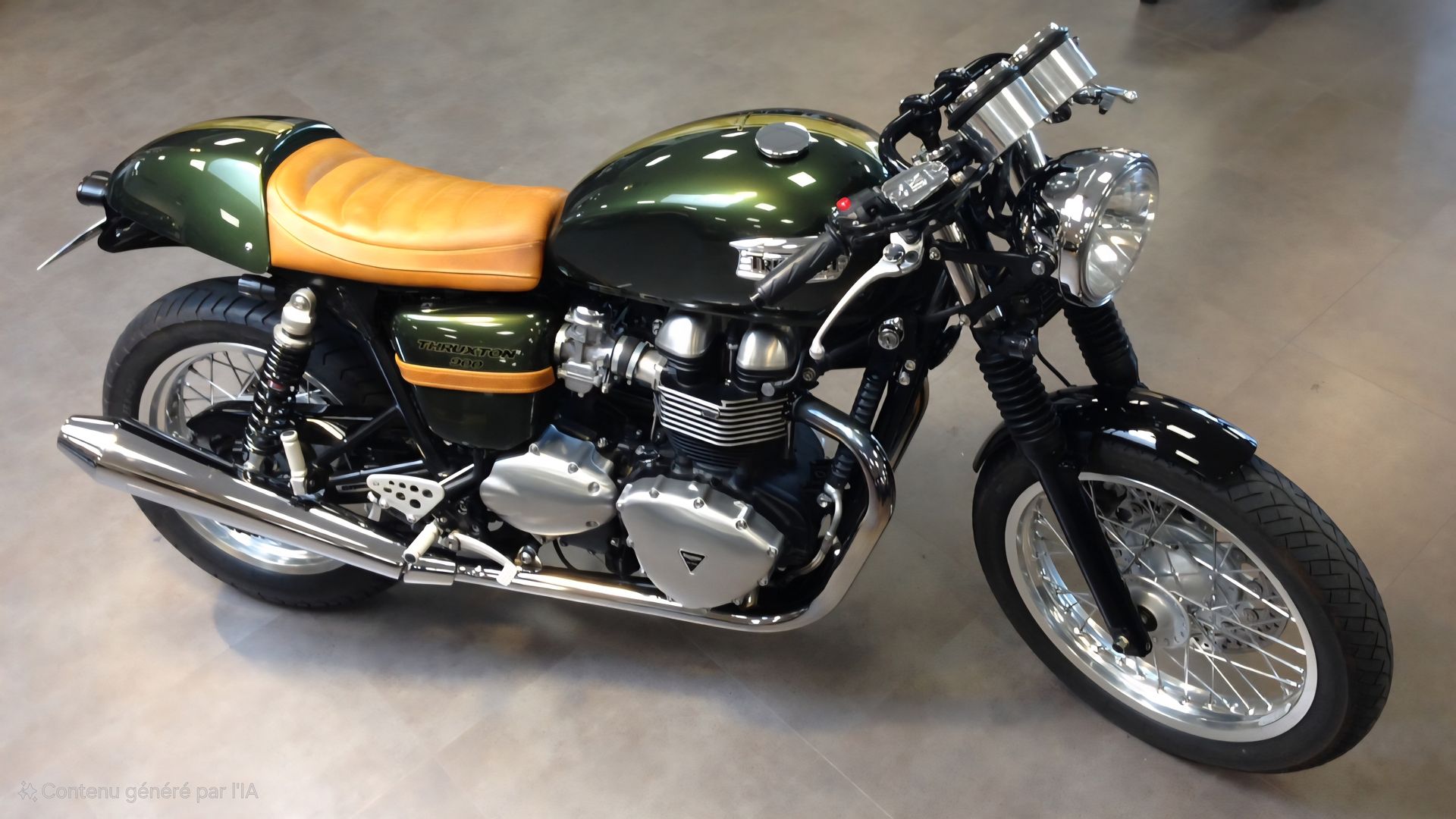 Moto verte avec selle beige et détails chromés, garée à l'intérieur sur un sol en béton