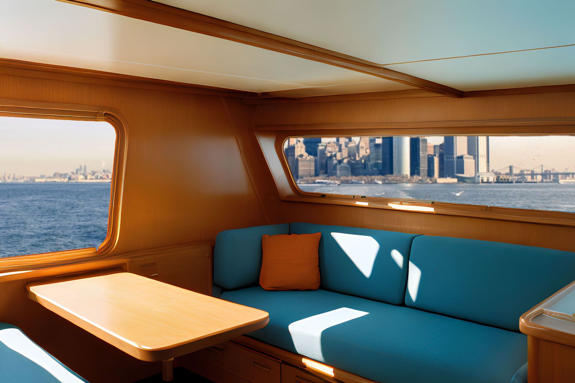 Cabine de bateau moderne avec banquette bleue, table en bois et vue sur la ville à travers les fenêtres