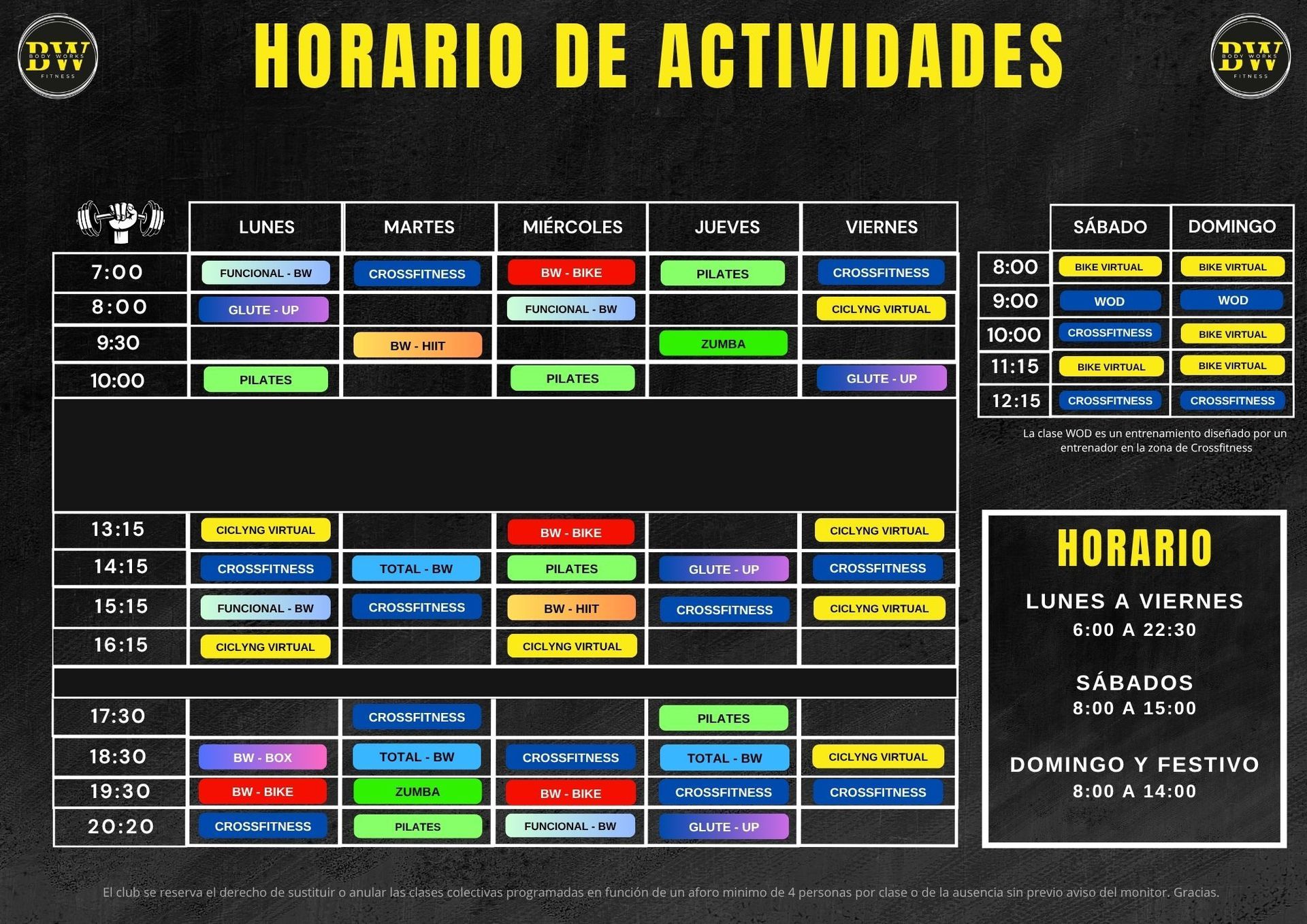 Horario de clases de fitness de Body Works Fitness. Cuadrícula colorida con horarios y clases.