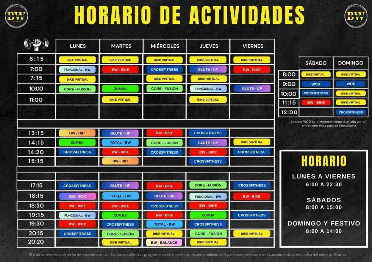 Horario de clases de fitness de Body Works Fitness. Cuadrícula colorida con horarios y clases.