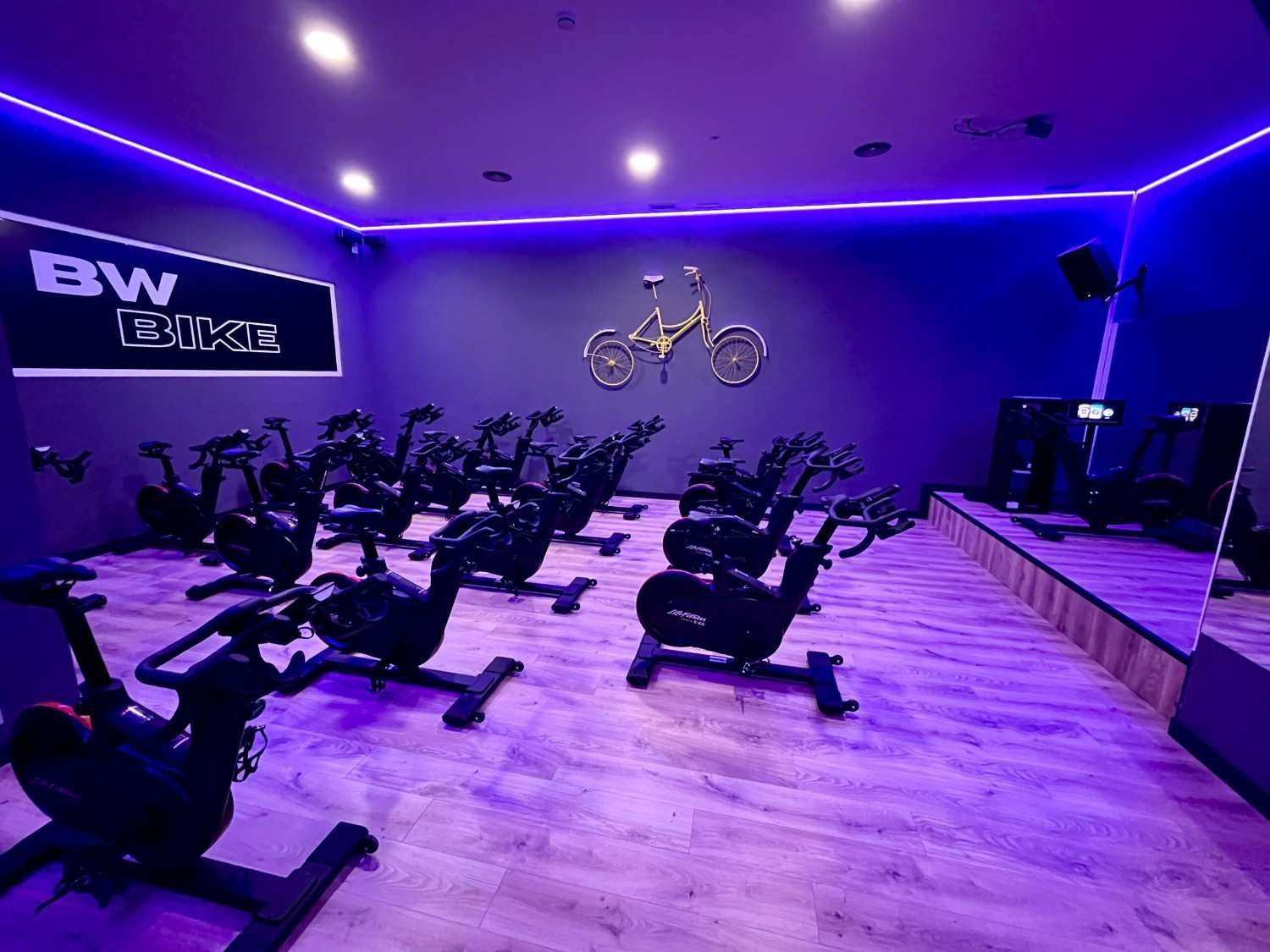 Estudio de ciclismo indoor con filas de bicicletas estáticas, bañadas por luz azul.