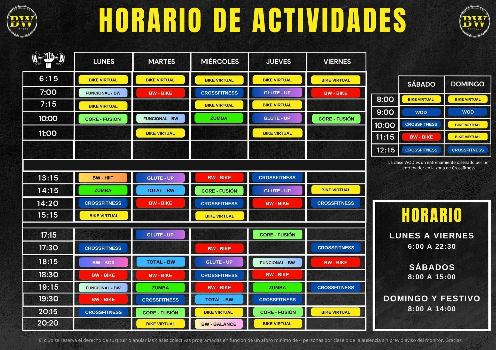Horario de clases de fitness de Body Works Fitness. Cuadrícula colorida con horarios y clases.