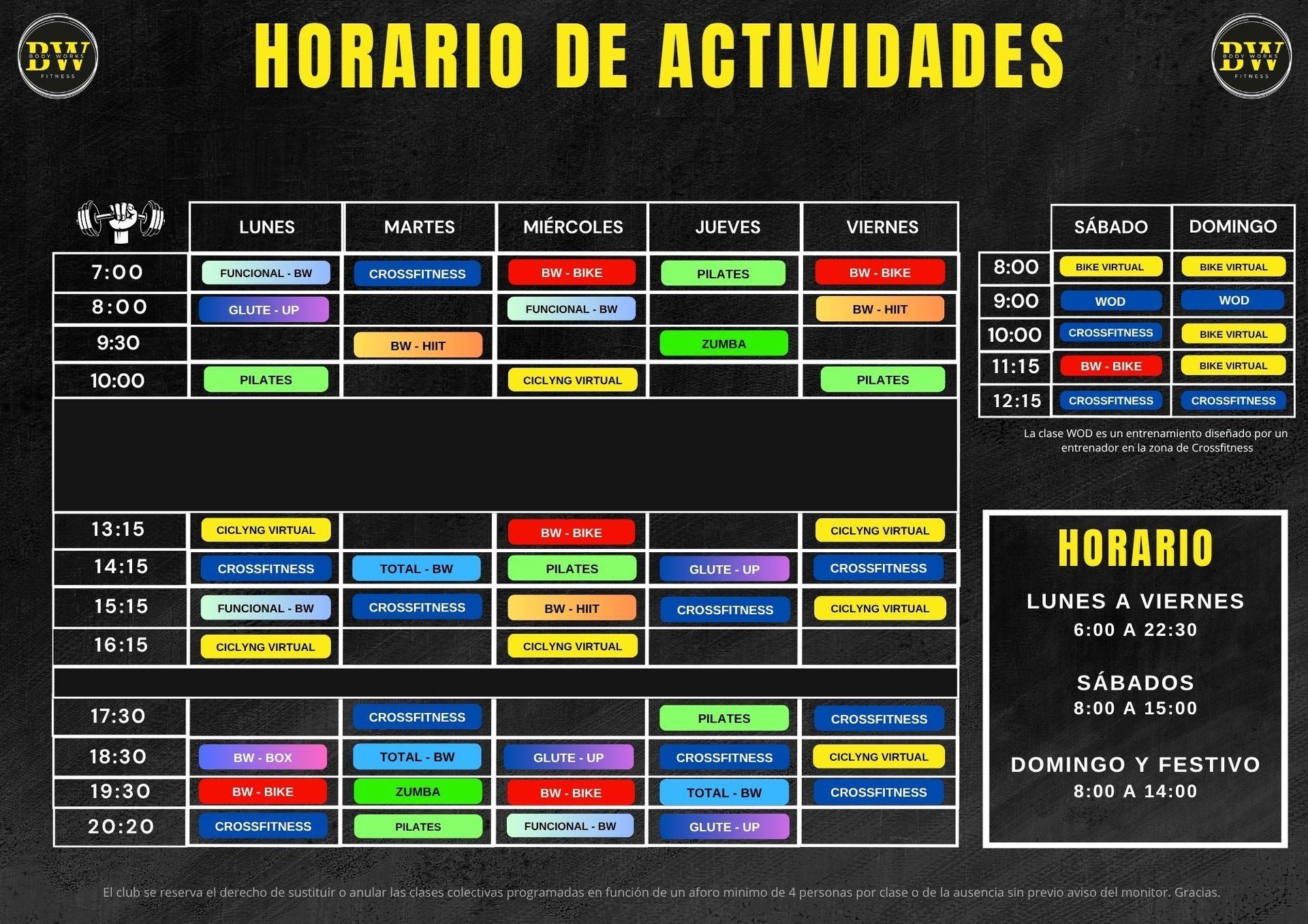 Horario de clases de fitness de Body Works Fitness. Cuadrícula colorida con horarios y clases.