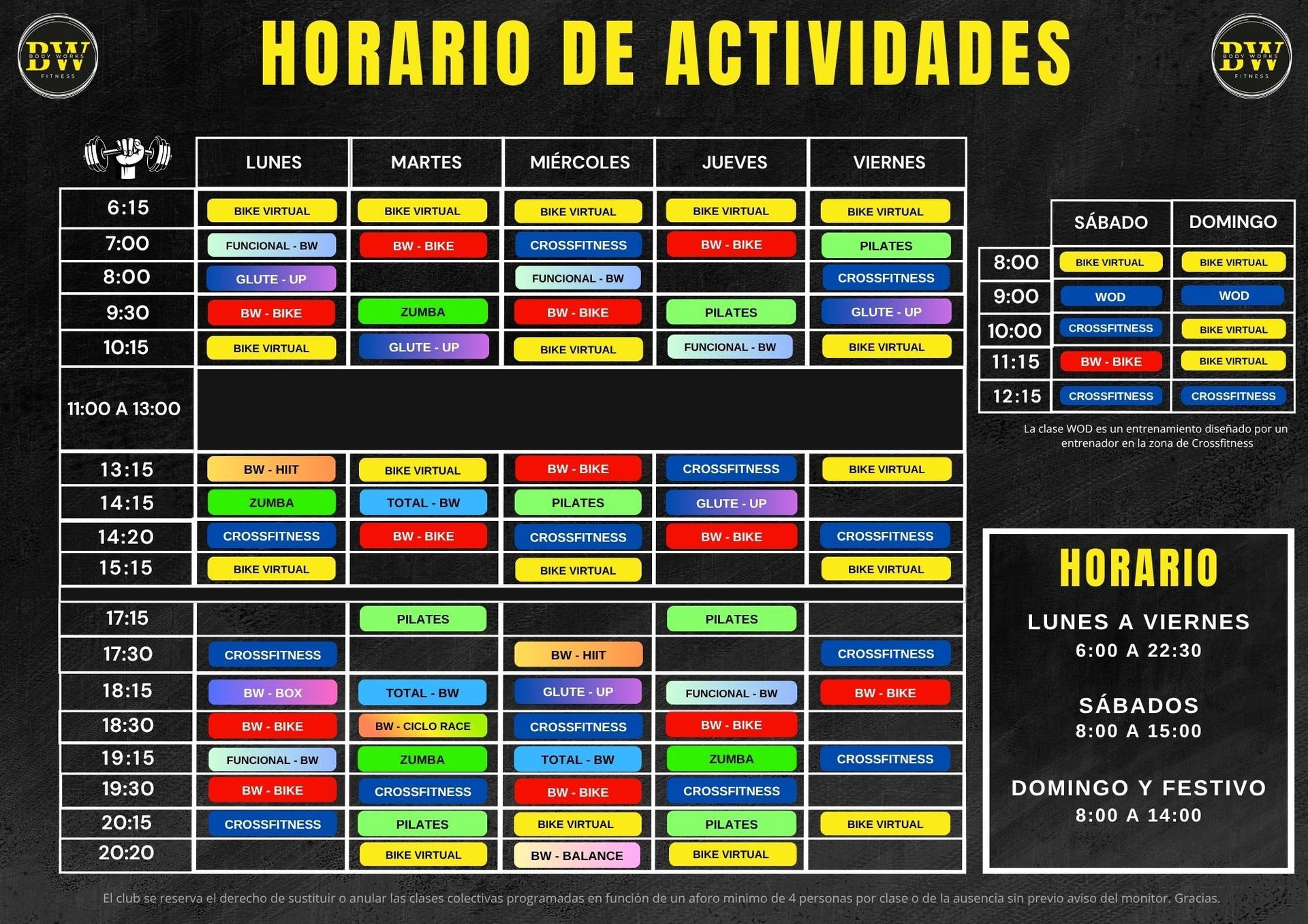 Horario de clases de fitness de Body Works Fitness. Cuadrícula colorida con horarios y clases.