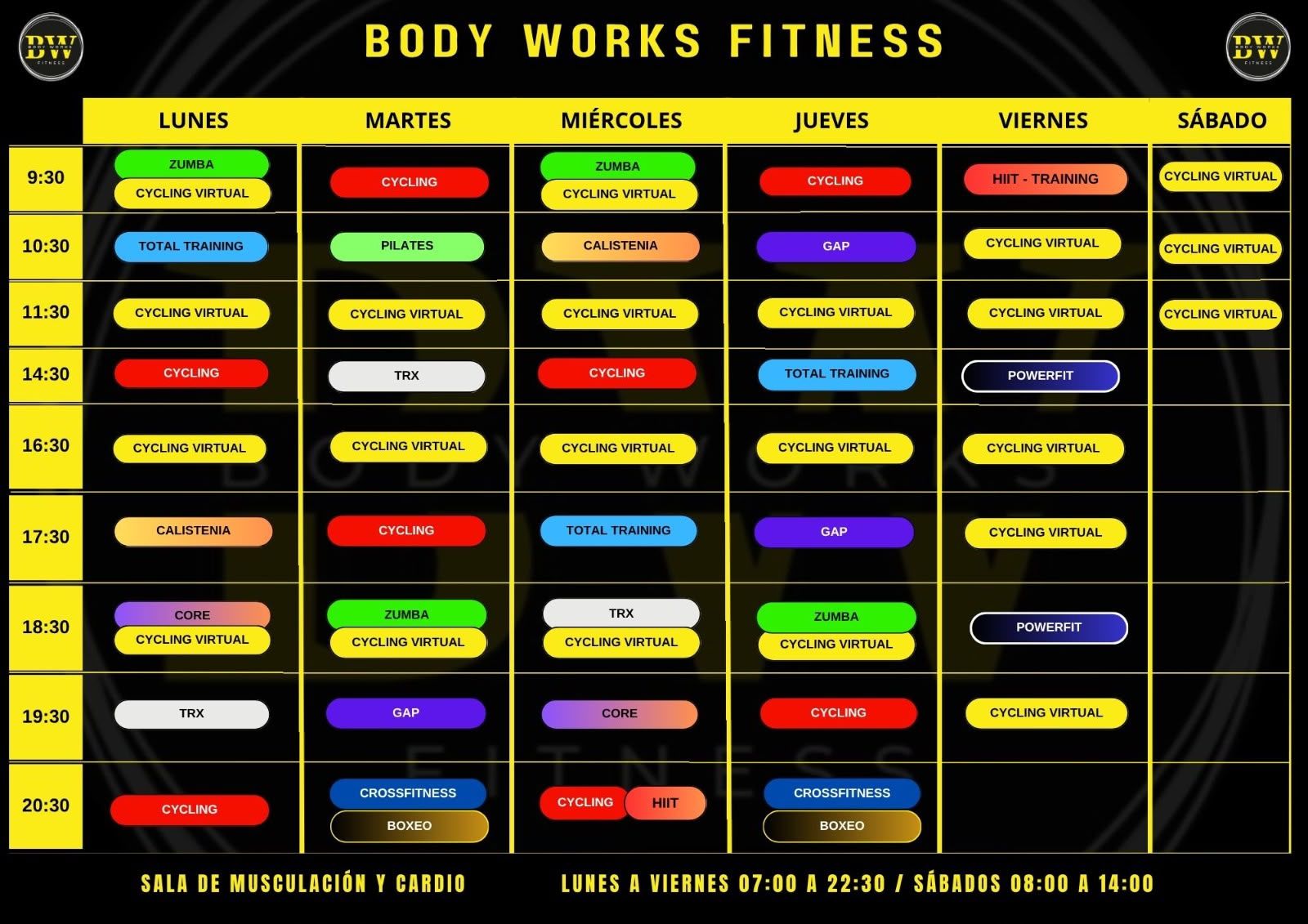 Horario de clases de fitness de Body Works Fitness. Cuadrícula colorida con horarios y clases.