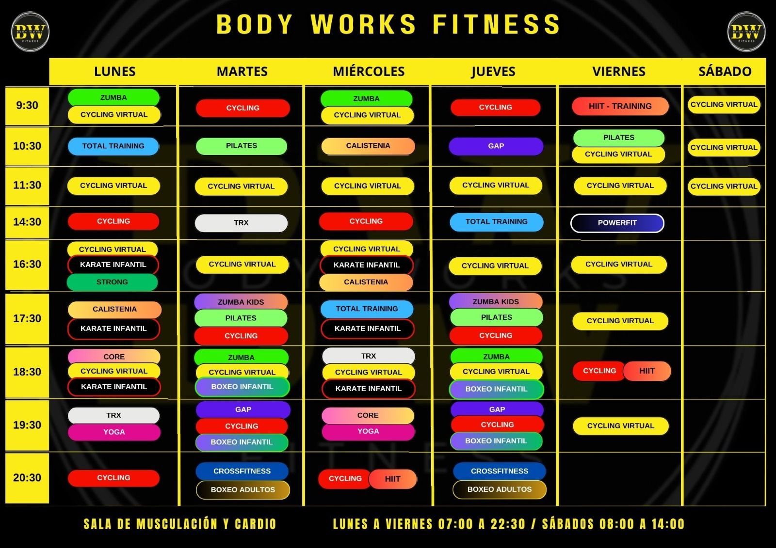 Horario de clases de fitness de Body Works Fitness. Cuadrícula colorida con horarios y clases.