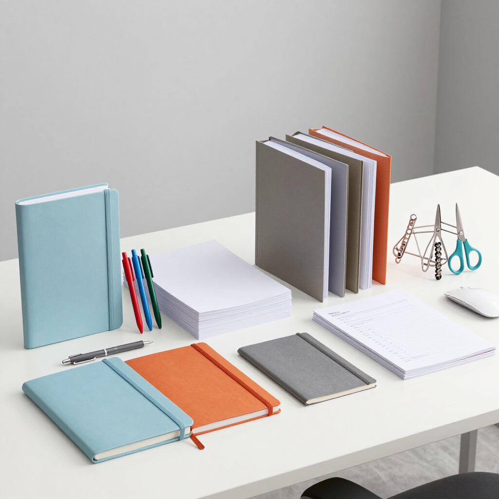 Escritorio con cuadernos, papeles, bolígrafos, tijeras y clips de carpetas de diversos tipos, ordenados en pilas pulcras.