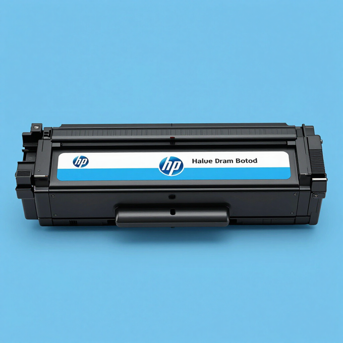 Cartucho de tóner negro para impresora láser HP sobre fondo azul.