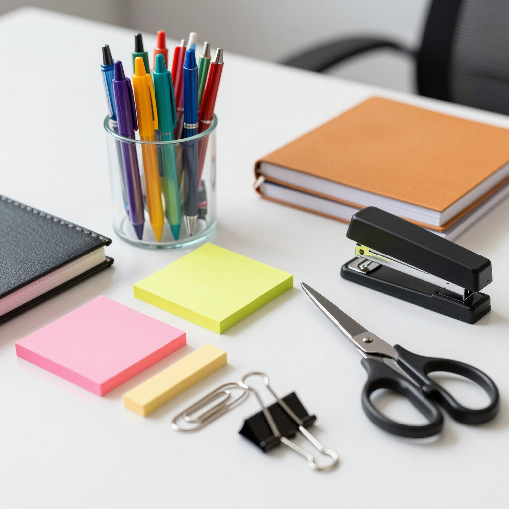 Escritorio de oficina con bolígrafos de colores, notas adhesivas, grapadora, tijeras, clips y cuadernos.