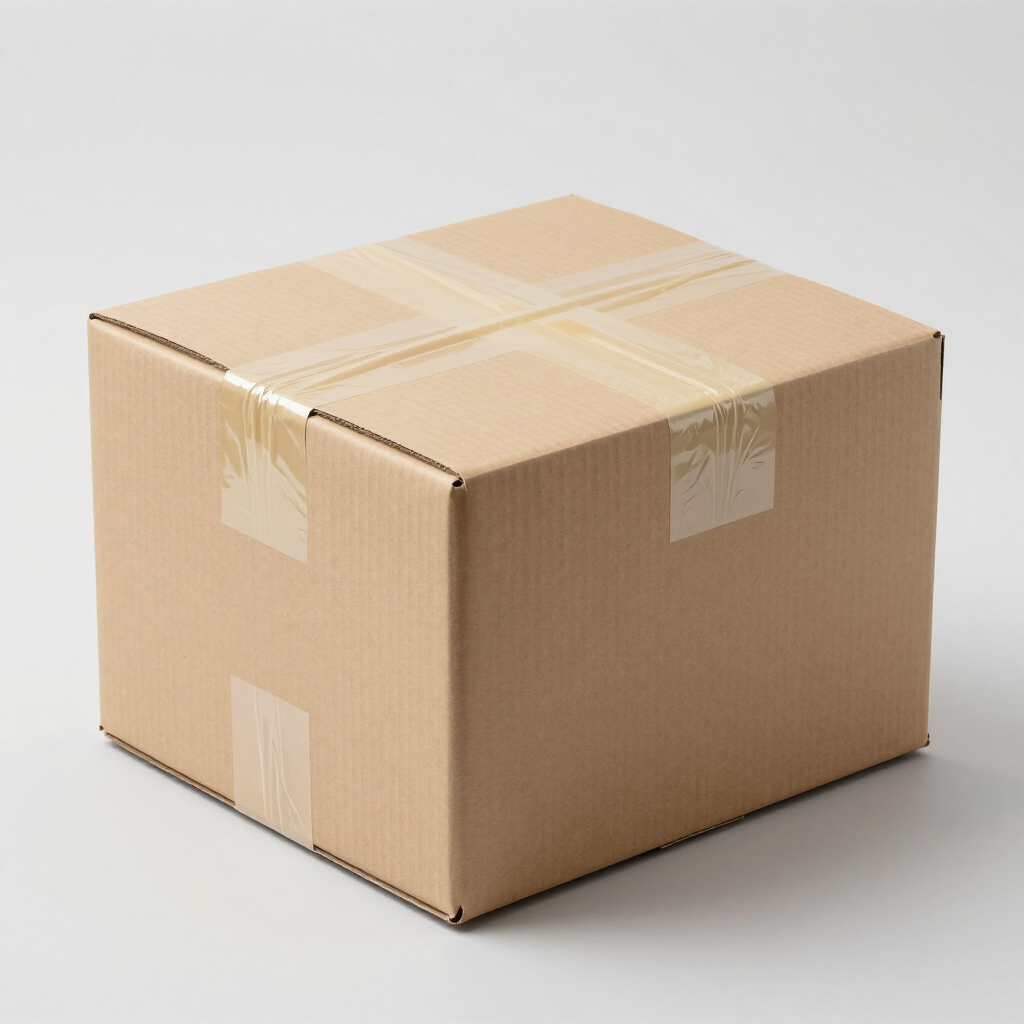 Caja de cartón marrón sellada con cinta adhesiva transparente sobre fondo blanco.