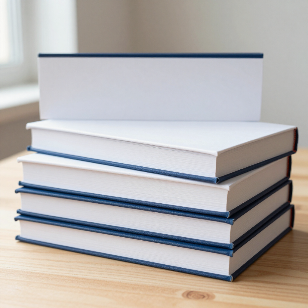 Pila de libros blancos de tapa dura con detalles azules sobre una mesa de madera cerca de una ventana.
