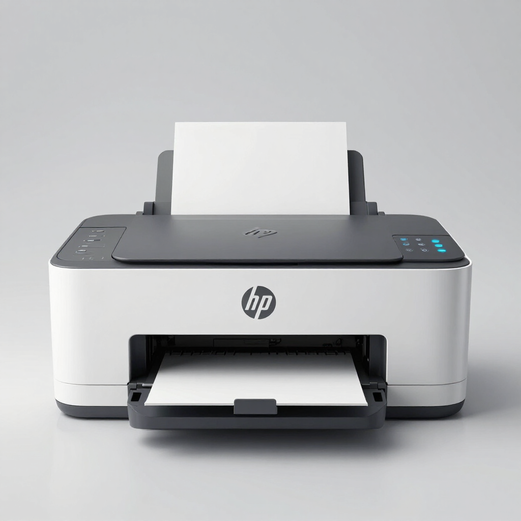 Impresora HP blanca con papel cargado y la bandeja de impresión abierta sobre un fondo gris.