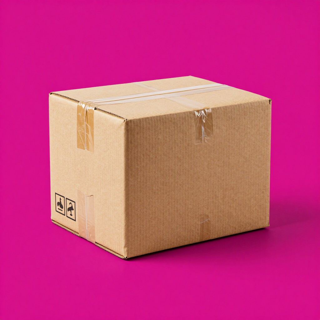 Caja de cartón para envíos sobre un fondo rosa brillante