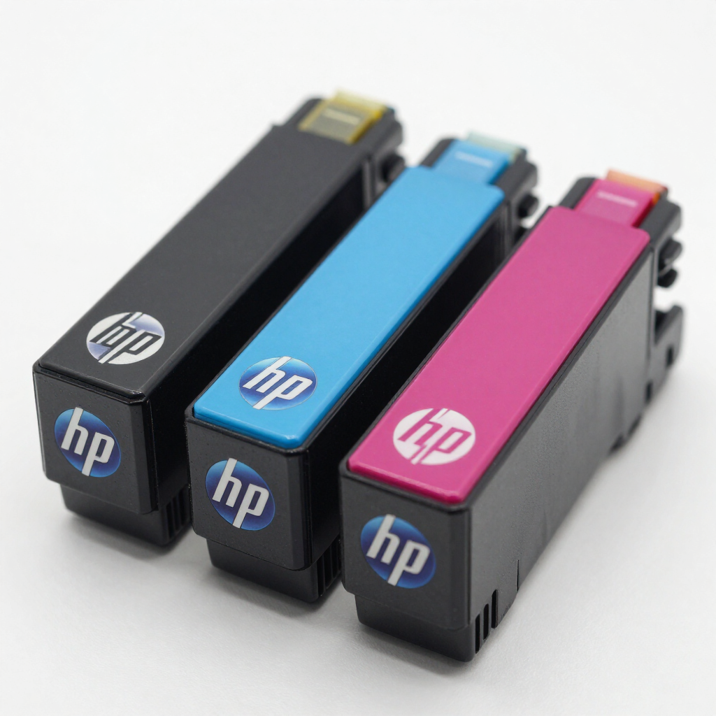 Tres cartuchos de tinta para impresora HP en negro, cian y magenta sobre un fondo blanco.