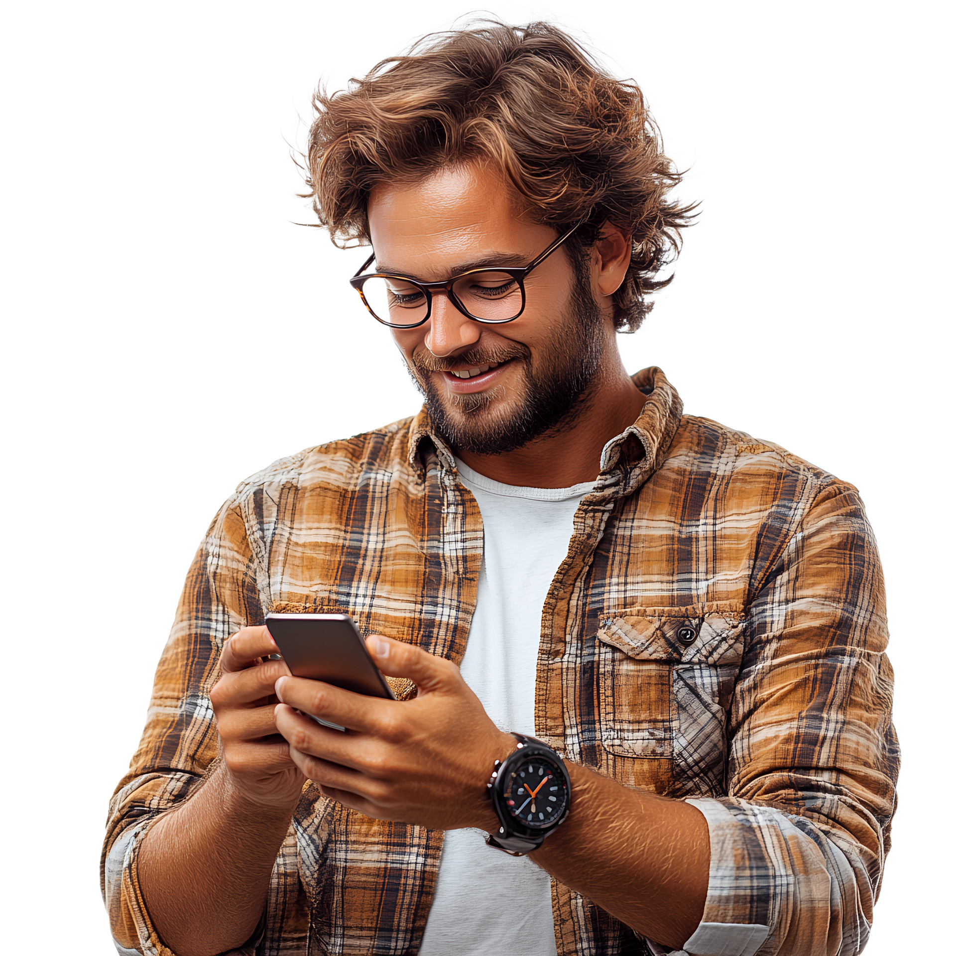 Homme avec chemise à carreaux regardant son téléphone