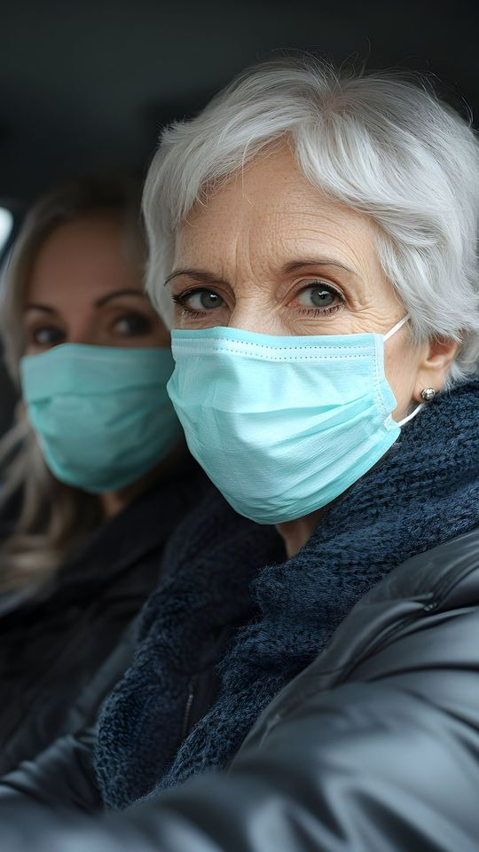 Deux femmes avec des masques chirurgicaux dans une voiture