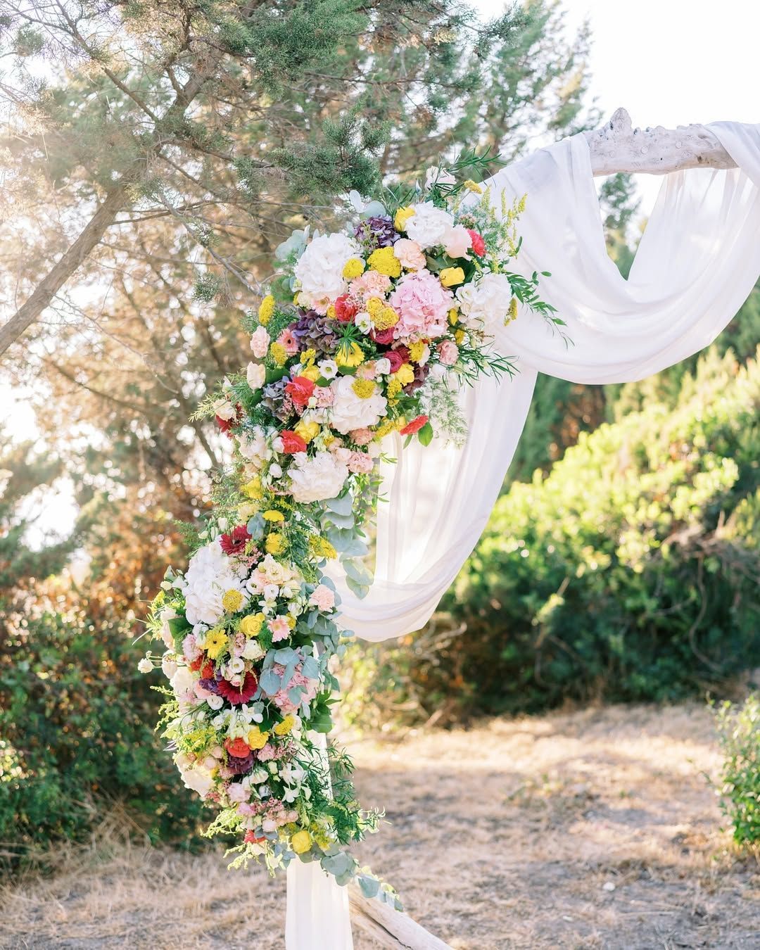 Arche de mariage ornée de fleurs colorées et de drapés de tissu blanc, dans un cadre naturel.