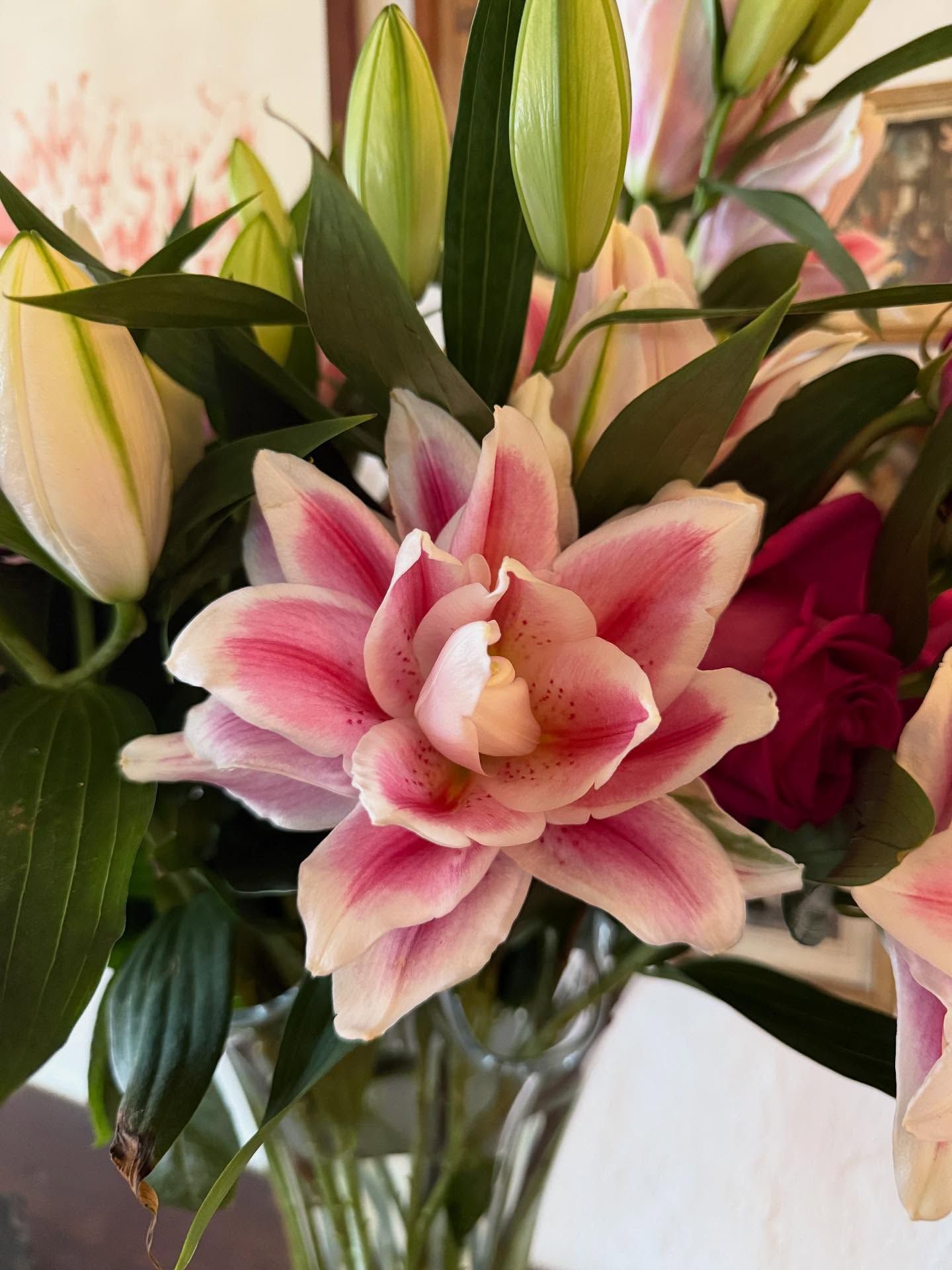 Gros plan sur un bouquet de lys roses et blancs et de feuilles vertes dans un vase en verre transparent.