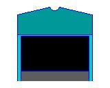 Eine blau-schwarze Zeichnung eines Gebäudes mit schwarzem Hintergrund.