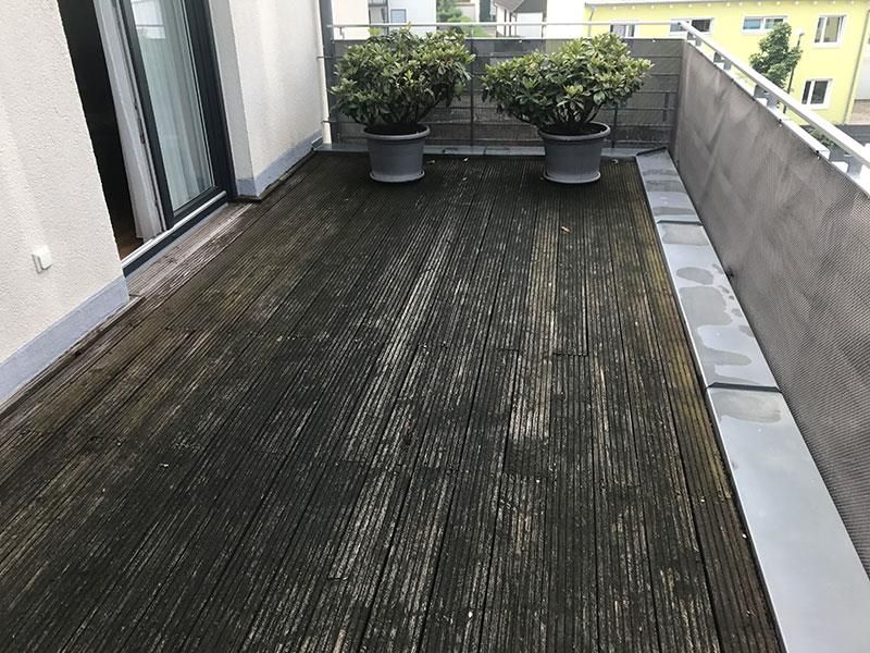 Ein Holzdeck mit zwei Topfpflanzen darauf