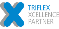 Das triflex xcellence partner logo ist blau und grau.