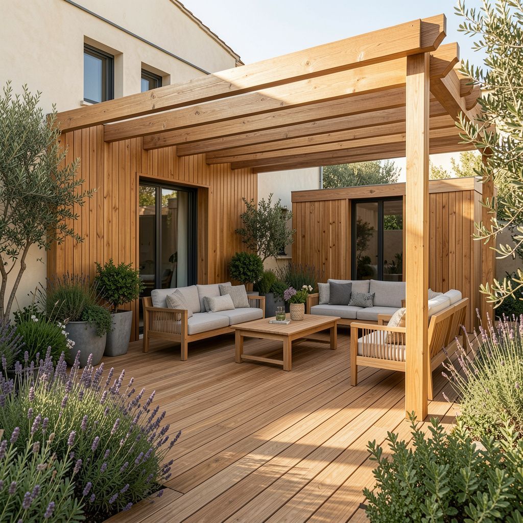 Terrasse en pergola de bois avec salon de jardin, plantes en pot et lavande à côté d'une maison couleur crème