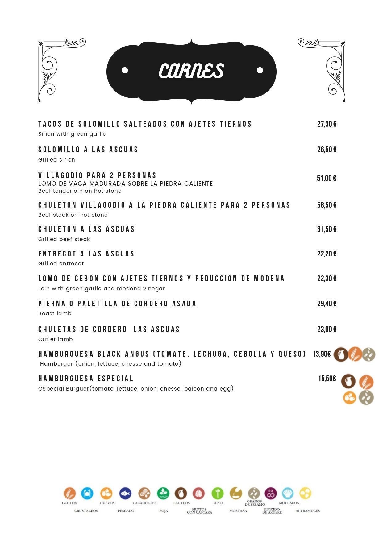 Menú de CARNES con diversos platos y precios.