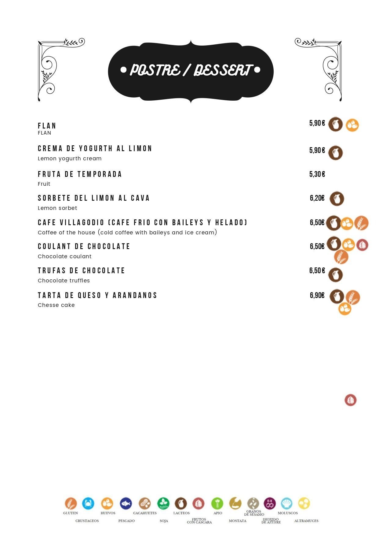 Menú de postres con precios indicados, presentado en texto en blanco y negro sobre fondo blanco.