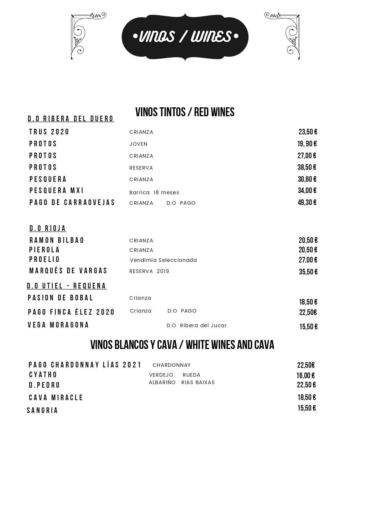 Menú con categorías de vinos, precios indicados a la derecha.