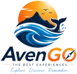 Logotipo de AvenGo travel con un sol naranja, olas azules, una monta&ntilde;a, p&aacute;jaros y el eslogan &laquo;The Best Experiences&raquo;