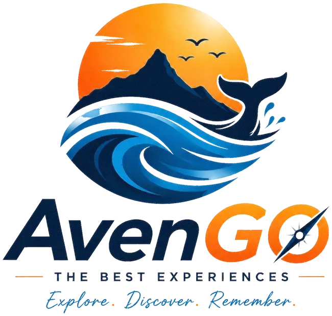 Logotipo de AvenGo travel con un sol naranja, olas azules, una montaña, pájaros y el eslogan «The Best Experiences»
