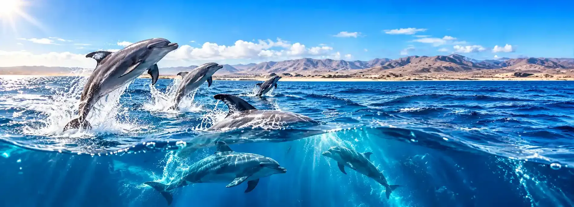 Dos delfines saltando sobre un mar azul brillante bajo un cielo soleado, con montañas a lo lejos