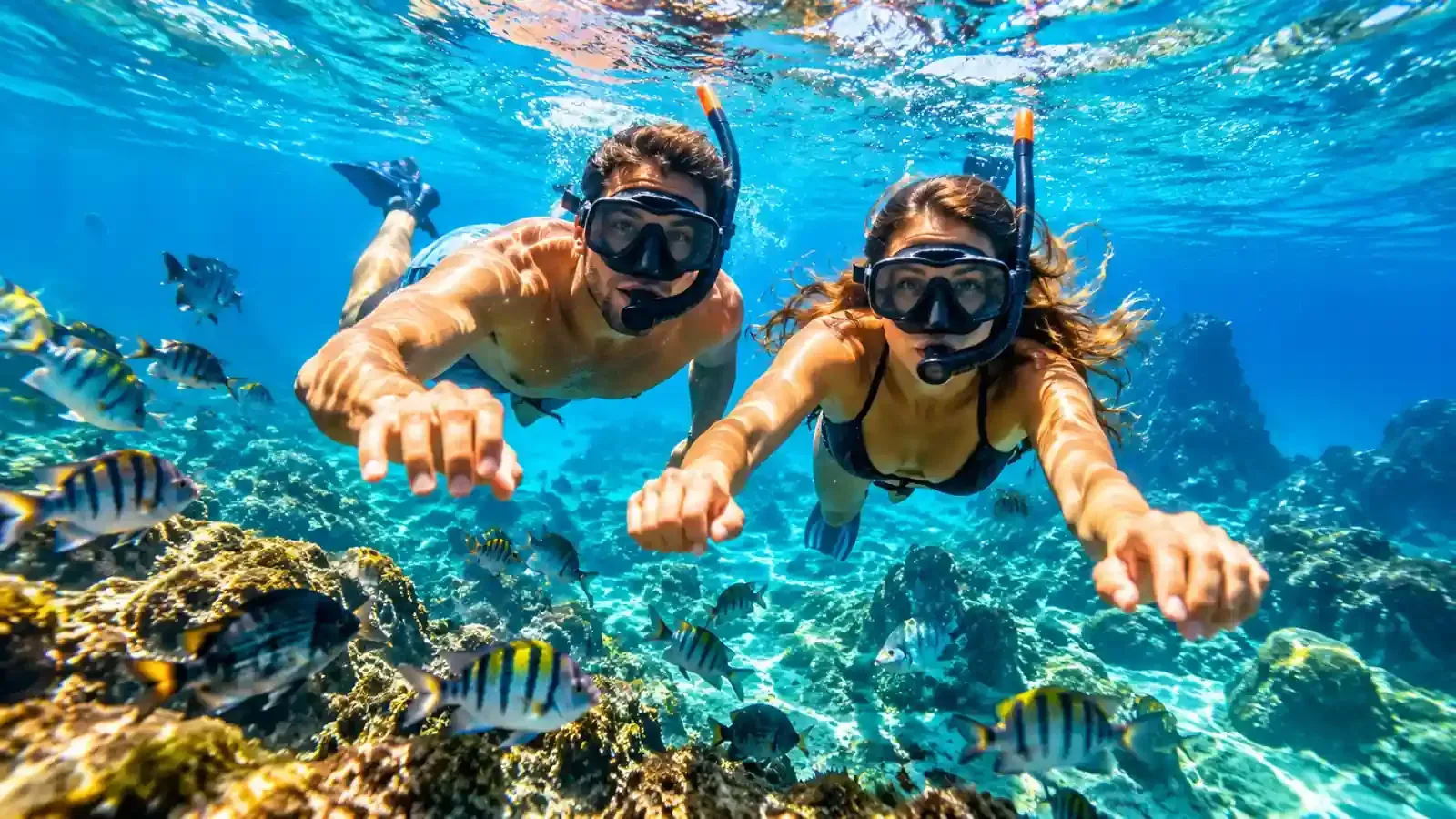 Dos buceadores con tubo nadan bajo el agua sobre un vibrante arrecife de coral con peces tropicales rayados