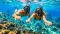 Dos buceadores con tubo nadan bajo el agua sobre un vibrante arrecife de coral con peces tropicales rayados