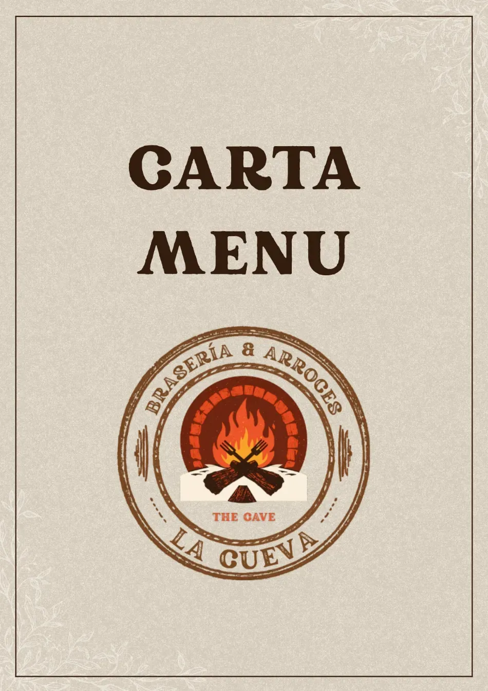 Menú de color beige con la inscripción en negrita “CARTA MENU” y el logotipo redondo del restaurante “La Cueva”.