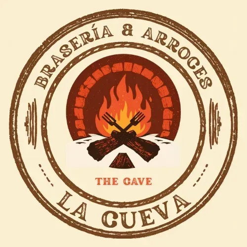 Logotipo de Brasería & Arroces La Cueva, con un fuego y herramientas cruzadas dentro de un arco de ladrillo.